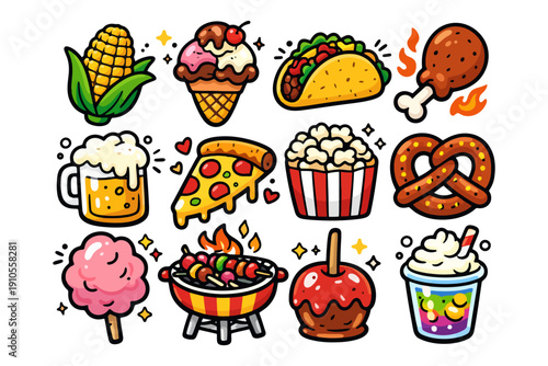 Colorful cartoon icons of popular street foods and snacks.