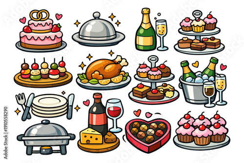 Variety of celebration foods and drinks with sweets, champagne, and savory dishes.