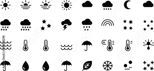 Collection of black weather forecast and climate silhouette vector icons isolated on white background for mobile apps, websites, dashboards, UI design, and meteorology projects