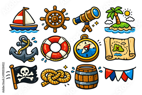 Colorful nautical icons of sailing equipment and pirate adventure.