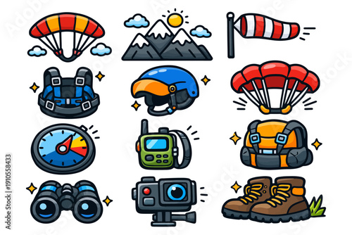 Colorful set of skydiving equipment and accessories icons.