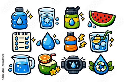 Cartoon hydration elements collection with drinks watermelon water droplets and fitness tracker.