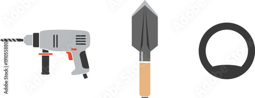 Collection of tools including a drill, trowel, and steering wheel icon