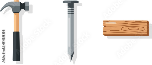 Hammer, nail, and wood plank illustration for construction and DIY projects
