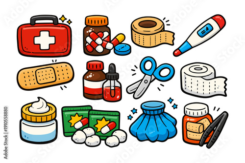 Colorful cartoon first aid kit with supplies and medical tools.
