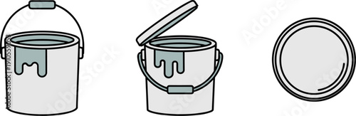 Set of three paint cans showing different views: closed, open, and top-down