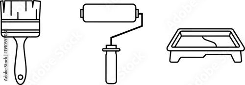 Set of simple line art icons for painting tools: brush, roller, and tray
