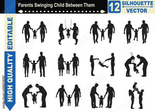 Silhouette set of parents swinging their child between them, representing family joy, playful parenting, childhood bonding, and outdoor happiness.