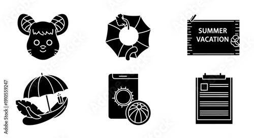 Black summer vacation icons set including mouse lifebuoy umbrella smartphone basketball and calendar on white background