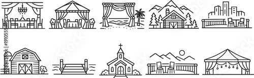 Collection of diverse venue icons for events and celebrations, from rustic to urban settings