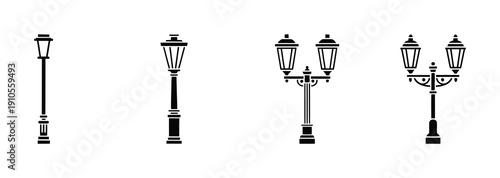 Vintage street lamp silhouettes collection featuring ornate classic lamppost designs, decorative urban lighting styles, and traditional outdoor streetlight icon