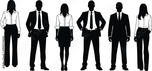 Professional business people silhouettes collection featuring diverse corporate team members in formal attire suits and office wear for successful company teamwork concept.