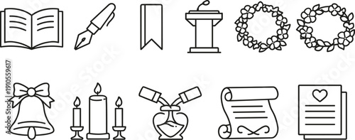 Collection of line art icons representing education, celebration, and important events