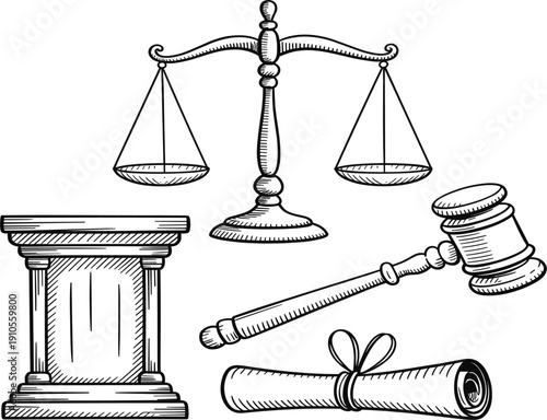 Justice and law concept set, scales of justice, judge gavel and scroll, courthouse vector illustration