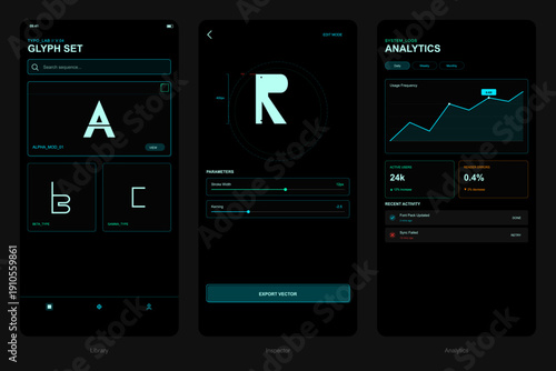 Three mobile app screens display a typography design interface with a glyph library, font inspector for editing parameters, and a system analytics dashboard in a dark tech style.