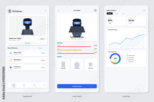 Three mobile app UI screens for a futuristic game including a dashboard with mission logs, a hero detail page with character attributes, and a battle analytics screen with charts.