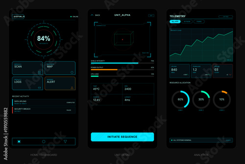 Three mobile application screens displaying a futuristic sci-fi user interface with data dashboards, system telemetry, unit details, and technical monitoring graphics on a dark background.