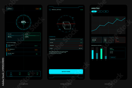A set of three mobile application screens featuring a futuristic user interface with system monitoring, data analytics, and diagnostic modules in a dark glowing tech aesthetic.