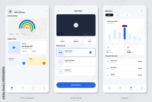 Three mobile app screens showing a fitness dashboard with activity rings, a workout detail page with exercise lists, and an analytics page with performance statistics and charts.