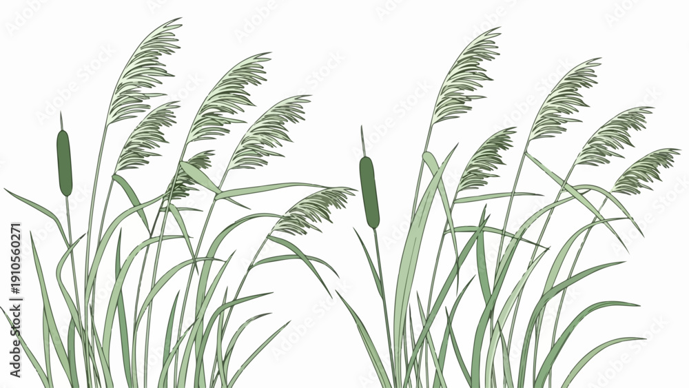 Fototapeta premium Green reeds illustration, stylized slender blades and two prominent cattails. Waving green reeds evoke natural tranquility, ideal for serene wetland scenes.
