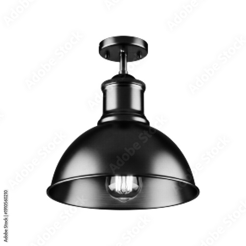 Halftone illustration of an industrial pendant ceiling lamp with metal shade and exposed bulb, isolated on white background. Vintage hanging light fixture in black and white.