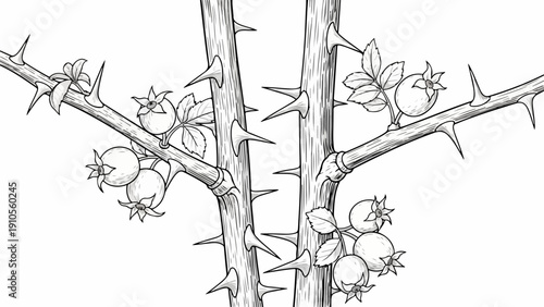 Detailed thorny branches illustration showcasing plant stem with sharp thorns and round berries. Thorny branches sketch highlights botanical elements, depicting wild growth.