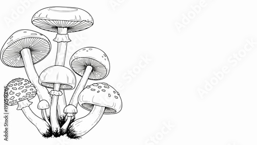 Black white mushroom drawing shows various fungi cluster. Detailed mushroom drawing highlights intricate caps, textured stems, delicate gill structures.