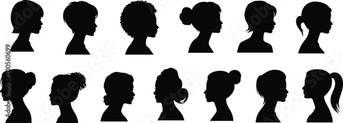 Female profile silhouette icon set showing diverse hairstyles and side view portraits isolated on white background for beauty, fashion, branding, and graphic design projects