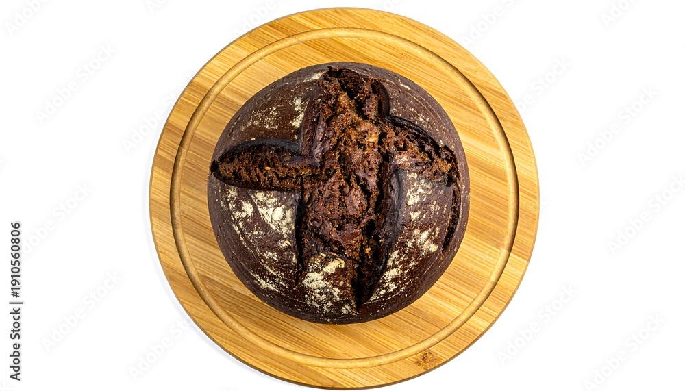 custom made wallpaper toronto digitalRound dark bread on wood board, cross cut marks. Isolated, top view