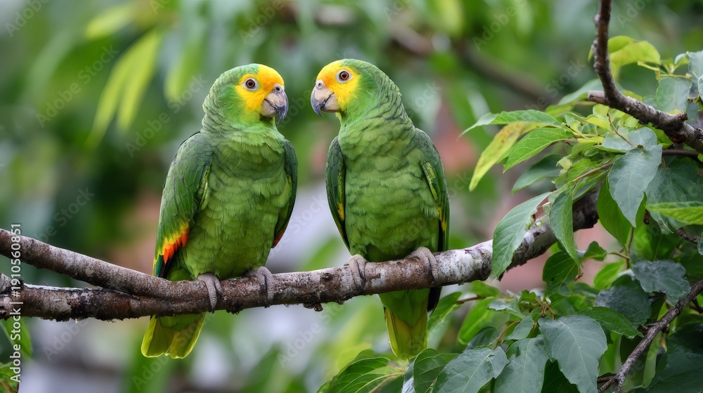 Obraz premium Yellow headed amazon parrots perched on tree branch