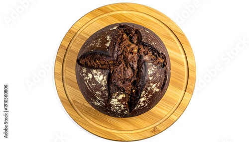 Wallpaper Mural Round dark bread on wood board, cross cut marks. Isolated, top view Torontodigital.ca