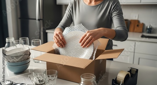 Careful hands packing fragile dishes with bubble wrap into a cardboard box for moving or storage