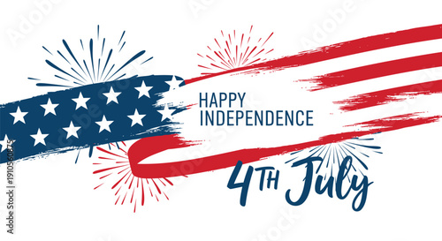 Vector 4th of July Happy Independence Day banner with American flag design and fireworks, for poster or social media