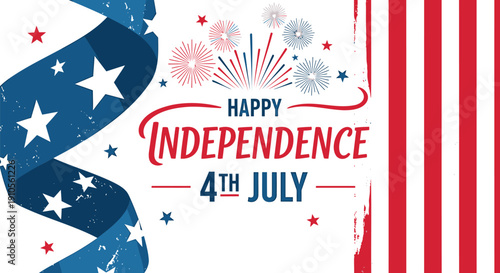 Happy Independence Day 4th July vector illustration, American flag ribbon, fireworks, patriotic banner or poster template, overlay effect for social media or website