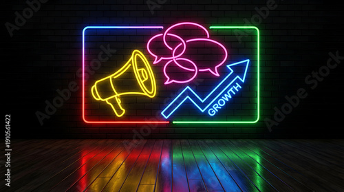 Vibrant Neon Sign Illustration for Digital Marketing and Social Media Growth