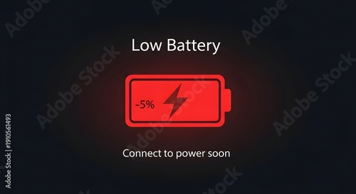 Red low battery warning on a dark screen with rectangular icon and critical power message for device notification