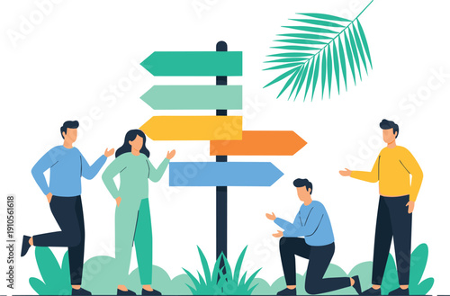 Business decision making illustration showing team collaboration, direction signpost, strategic planning, guidance choices, teamwork discussion, and problem solving concept in modern flat style