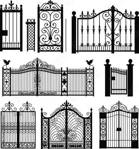 Decorative wrought iron gate silhouettes vector collection, ornate vintage driveway gates and fence designs isolated on white background for exterior architecture projects
