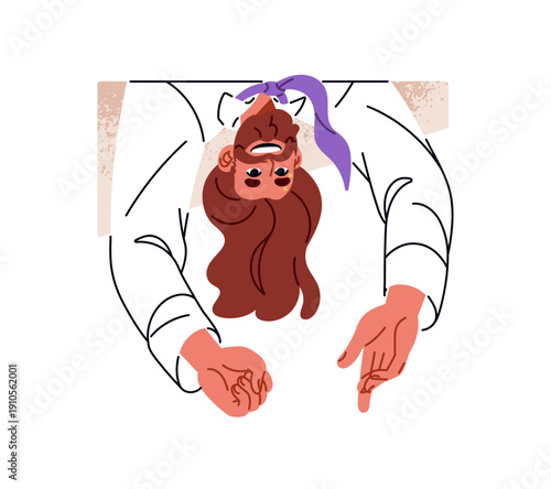 Happy man with long hair is hanging upside down, peeking and greeting. Funny bearded character looks out. Joyful person peeps outside hole. Flat isolated vector illustration on white background.