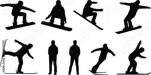 Snowboarder and skier silhouette set, winter sports action poses, extreme snowboarding jumps and skiing tricks, outdoor adventure athletes isolated on white