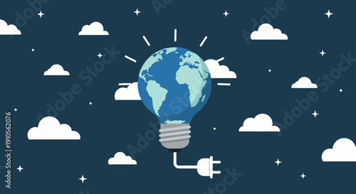 An illuminated lightbulb with the Earth inside floats among clouds in the night sky, symbolizing global energy and sustainability.