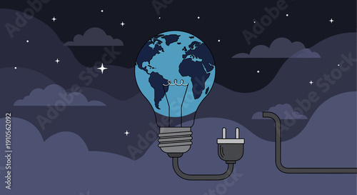Global energy concept illustrated with earth in a light bulb connected to a power source in a starry night sky