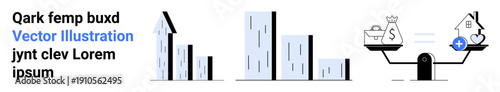 Finance, real estate, wealth management, investment, business analysis, economic trends. Bar graphs showing growth, scales comparing house and money bag. Financial growth and real estate concept