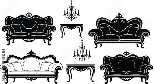 Elegant baroque style furniture set with ornate sofas, vintage tables, and classic chandeliers silhouette vector illustration isolated on white background
