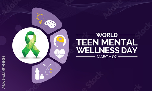 World Teen Mental Wellness Day is observed annually on March 2 to raise awareness, reduce stigma, and promote mental health resources for teenagers. Vector illustration