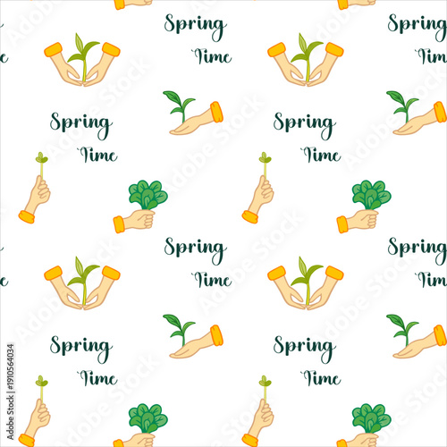 Vector seamless springtime pattern with hands tending sprouts. Eco-friendly background. Основные RGB