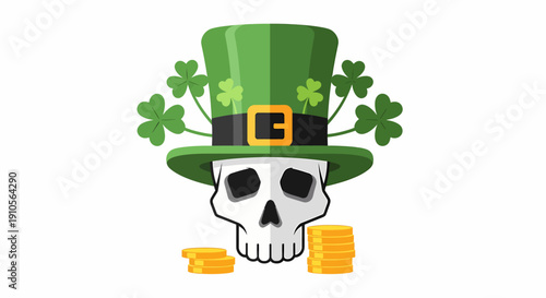 Illustration of a skull wearing a green top hat with shamrocks and gold coins
