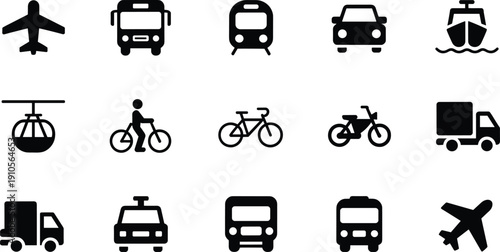 Transportation icon set with airplane bus train taxi ship cable car bicycle motorbike truck and public transit symbols isolated on white background