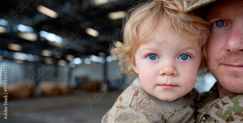 Soldier holds child in military setting. A soldier stands indoors holding a young child. They share a moment together in a military space.