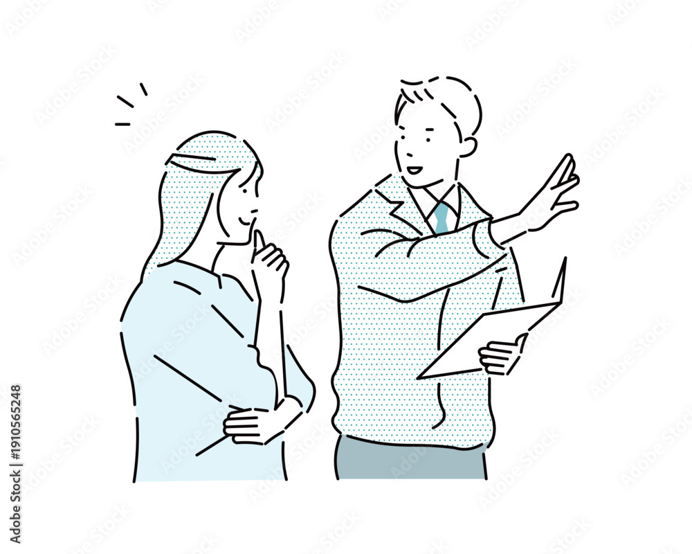 Fototapeta premium 男性と女性ー作業服を着たビジネスマンが見積もりをお客に見せているイラストー営業ー契約ープランー投資